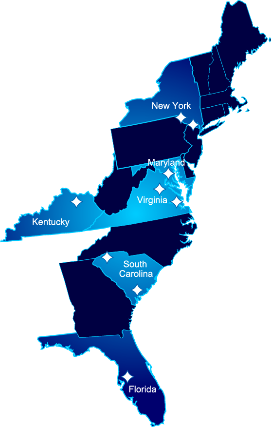 bonsecours_cws_locationsmap A map of the Eastern United States with New York, Maryland, Virginia, Kentucky, South Carolina and Florida highlighted to show Bon Secours locations.