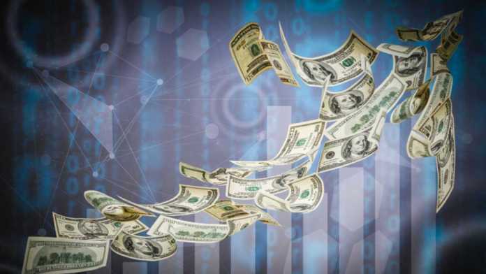 Paper currency flying through the air