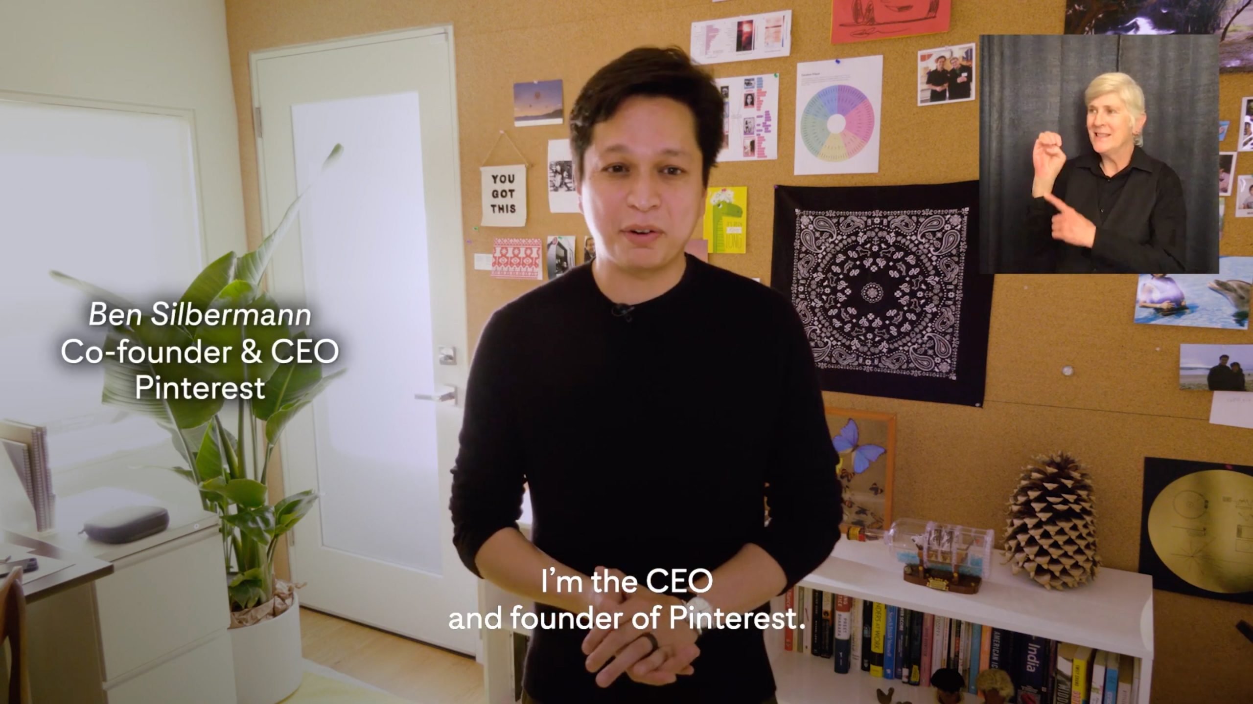 Pinterest CEO Ben Silbermann speaking from home with a ASL translator - Click to play the video