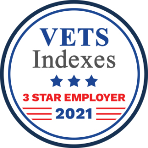 A logo in red white and blue for Vets Indexes, indicating we are a 3 star employer for 2021.