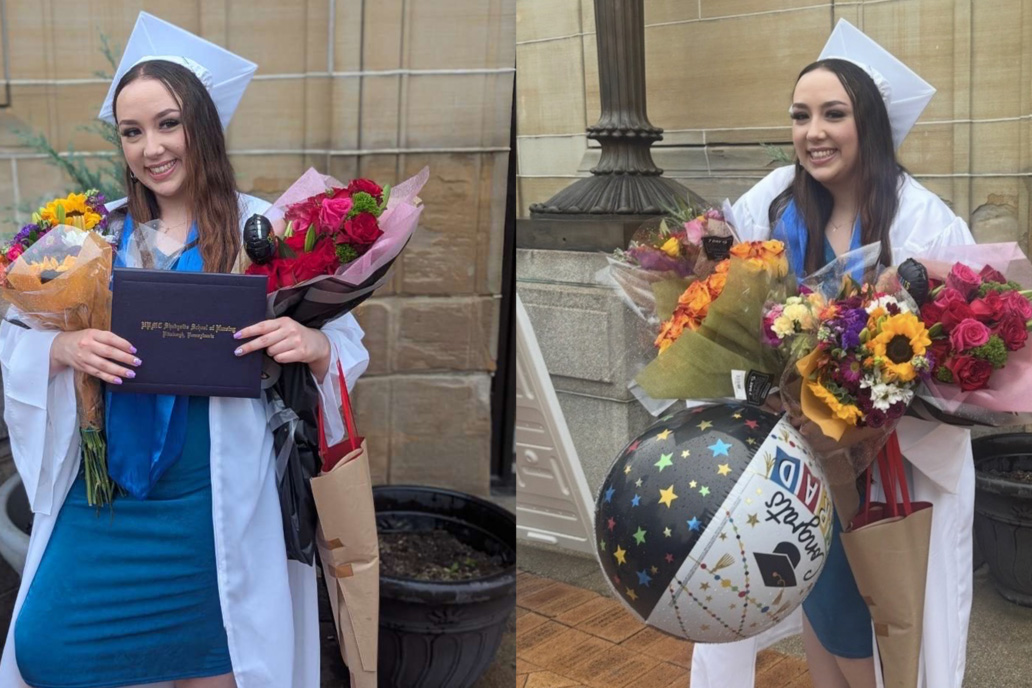 Woman in cap and gown at nursing school graduation.