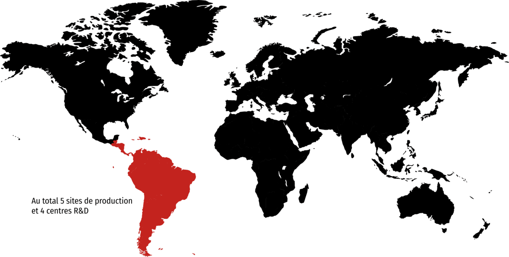 worldmap-latam-frn Une carte du monde montrant l'Amérique latine en rouge. Au total 5 sites de production et 4 centres R&D.