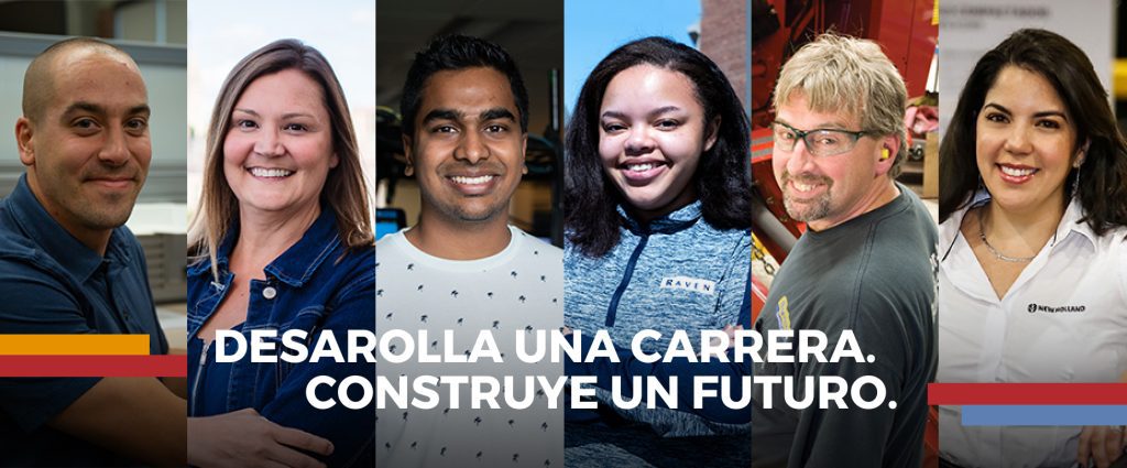 Seis colaboradores y colaboradoras de CNH en diferentes áreas de trabajo de todas partes del mundo de diferentes razas, géneros y edades sonriendo a cámara, con una frase debajo que dice: Desarrolla una carrera. Construye un futuro.