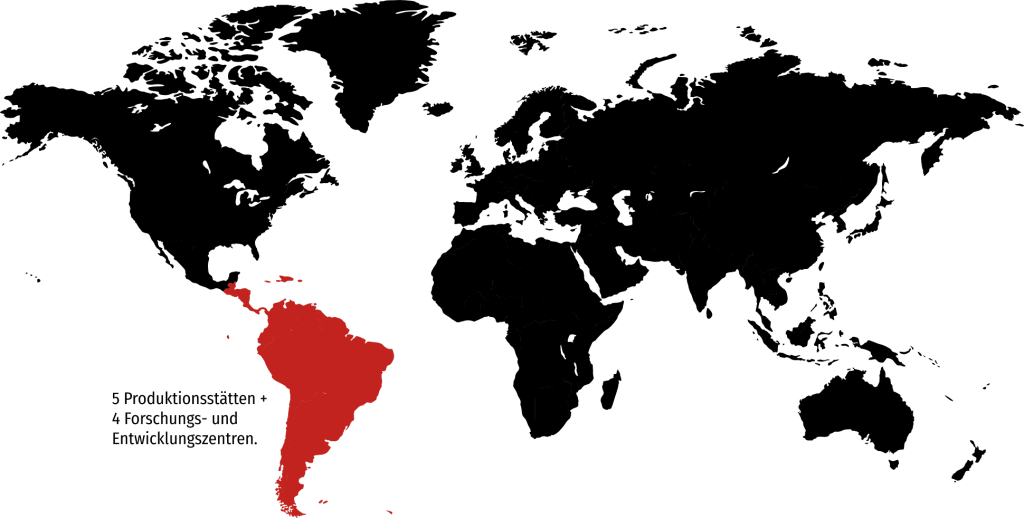 worldmap-latam-ger Eine Weltkarte mit Fokus auf Lateinamerika, auf der dieses Gebiet rot markiert ist. Hier gibt es 5 Produktionsstätten und 4 Forschungs- und Entwicklungszentren.