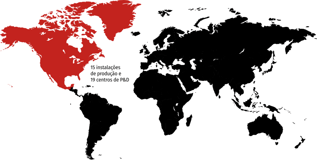 worldmap-noram-por Mapa-múndi com a América do Norte, inclusive o México, em vermelho. Há 15 instalações de produção e 19 centros de P&D.