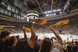 Interior shot of TD Garden Boston Bruins hockey game