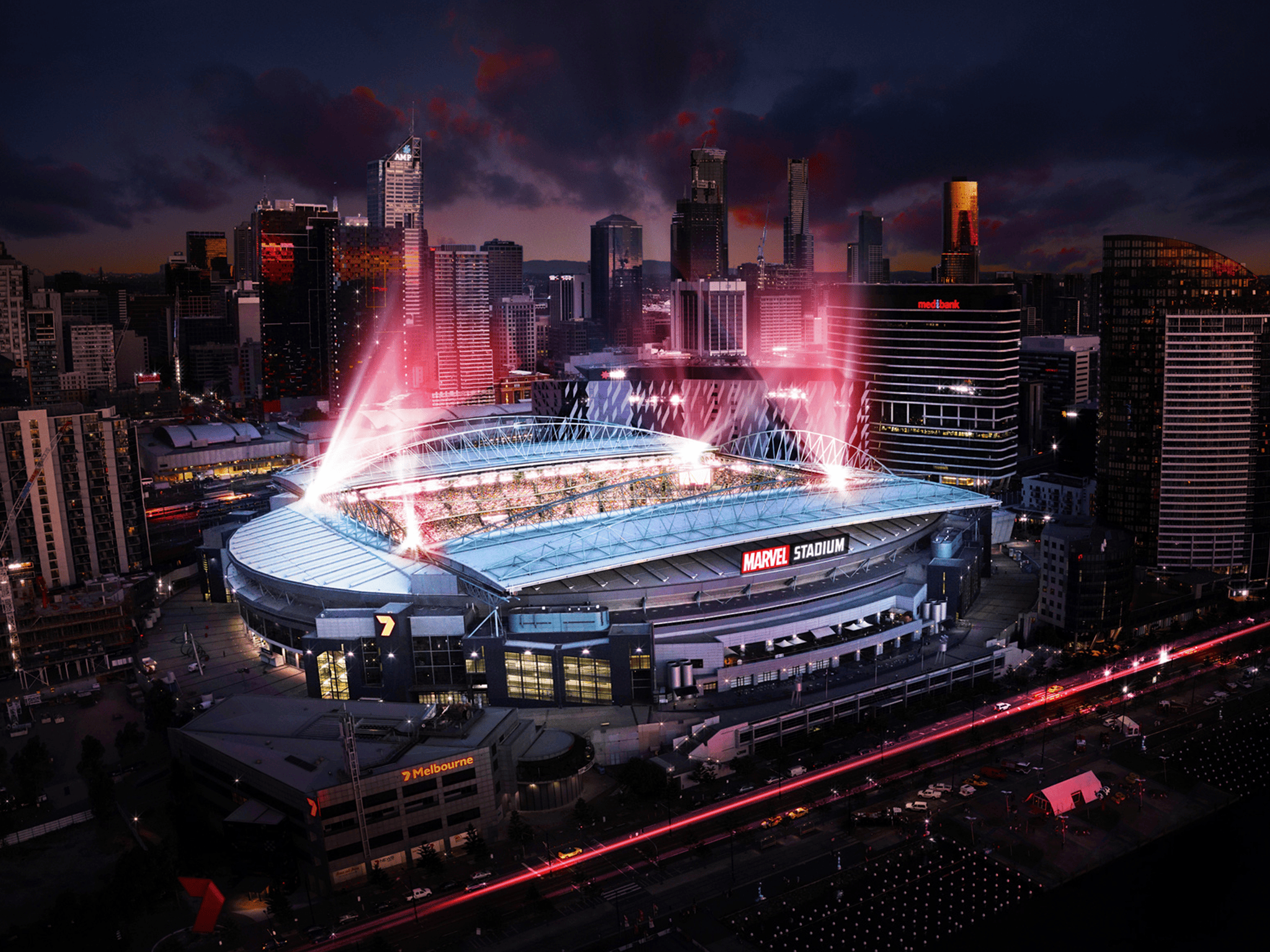 Exterior shot of Marvel Stadium at night Exterior shot of Marvel Stadium at night