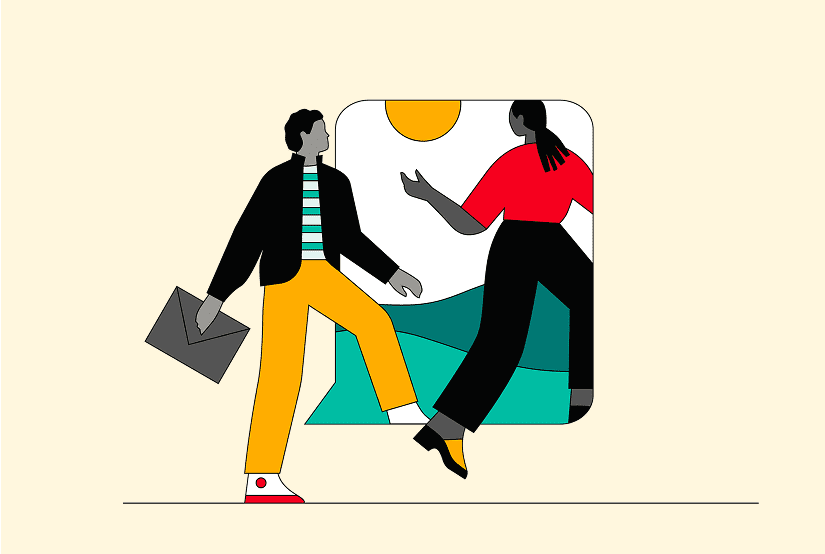 An illustration of two people conversing. One person is holding an envelope and stepping into a chat bubble depicting a landscape scene. The other person is standing inside the chat bubble, beckoning to join.
