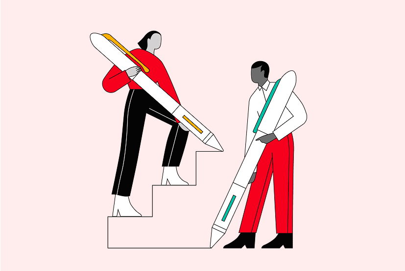 An illustration of two people holding oversized pens, drawing a staircase together, representing teamwork. One person is climbing the steps, the other person is standing on the ground.