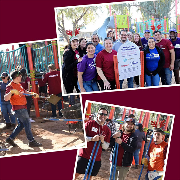 A collage of three photos showing volunteers, including Jacob, working at a playground. The top photo features a group posing in front of a playground structure with a sign that reads 