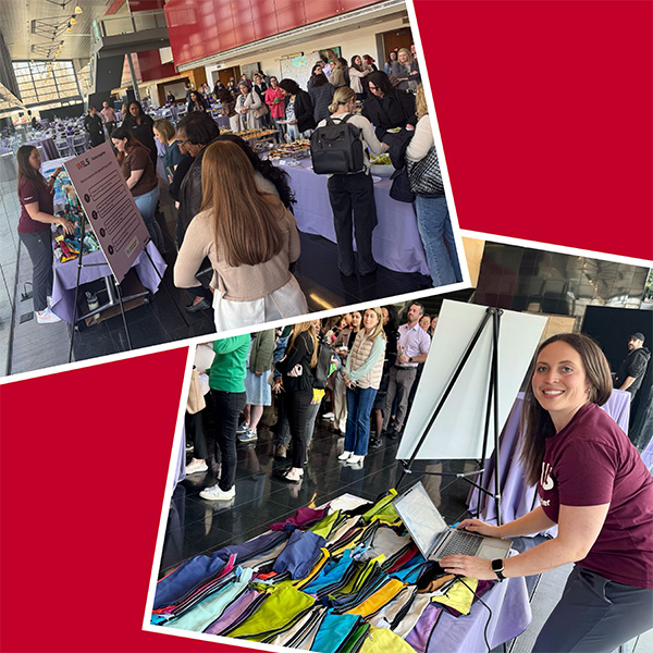 A split image showing two scenes from an indoor market or fair. The top scene features a crowd gathered around tables with purple tablecloths displaying various items, with a signboard visible on the left. The bottom scene shows Sarah working on a laptop beside a table displaying colorful fabric items, with attendees browsing nearby.