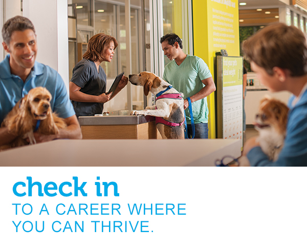A female Veterinary Assistant checks in an eager dog and his pet parent while two other young men with dogs wait for their turn. Text across the image reads, “check in to a career where you can thrive.”