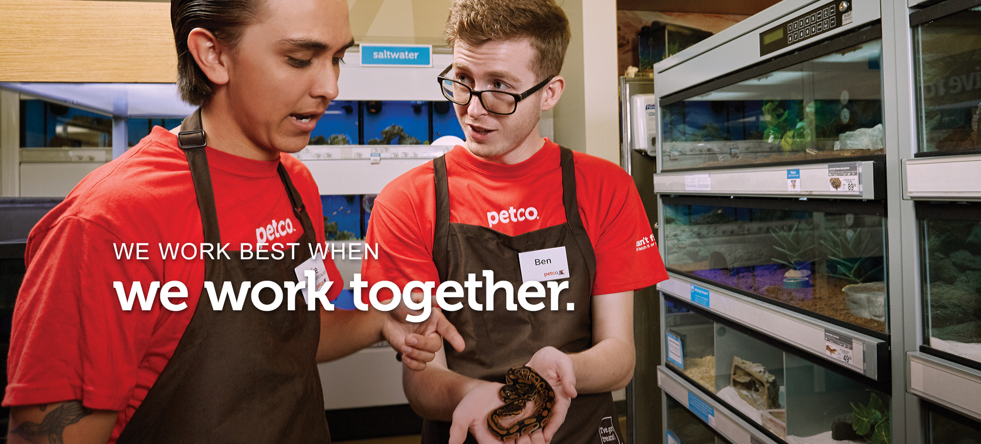 Two male employees, a Sr. Aquatics Specialist and a Store Partner, are holding and examining a small snake. Text across the image reads “we work best when we work together.”