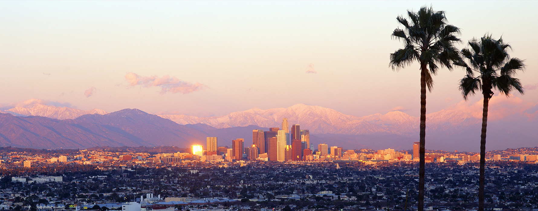 The Los Angeles skyline at sunset.