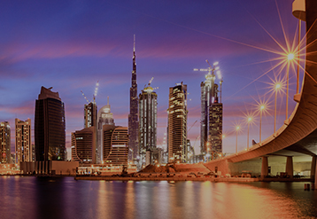 Skyline di Downtown Dubai al crepuscolo.