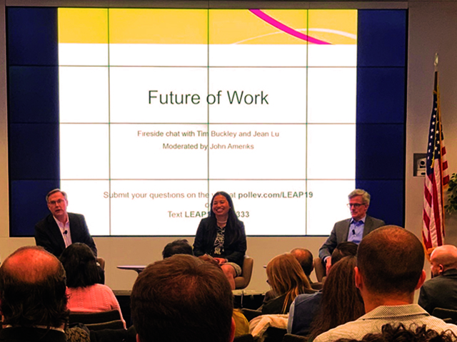 (Left to right) John Ameriks, Jean Lu, and Tim Buckley discuss Future of Work